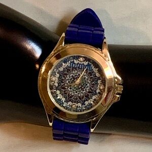 Aéropostale Blue Floral Dial Rhinestone Watch Gold Tone, Violet Silicone Band